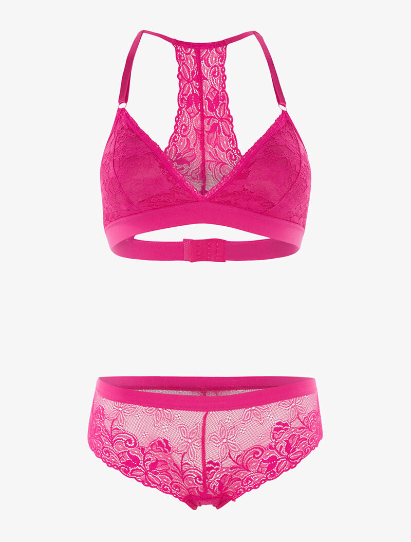 Ensemble triangle dentelle dos nageur et shorty - fushia - 1