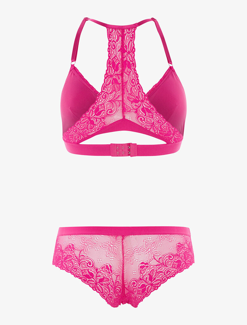 Ensemble triangle dentelle dos nageur et shorty - fushia - 2