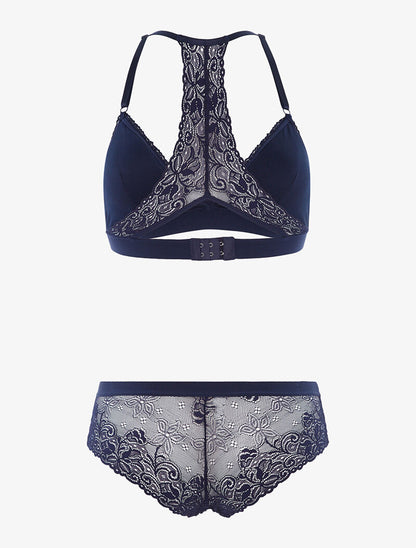 Ensemble triangle dentelle dos nageur et shorty - marine - 2