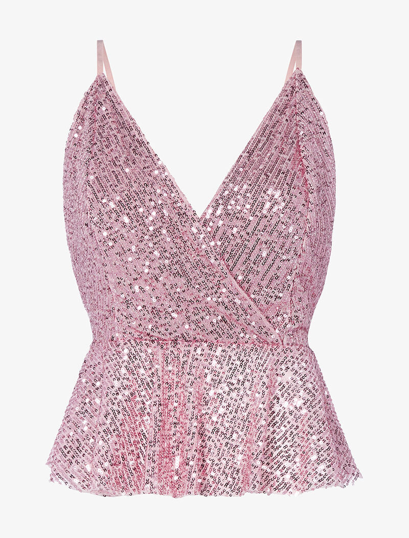 Crop top en sequins à basque - rose - 1