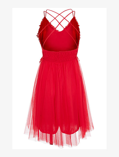 Robe bi matière à bretelles croisées - rouge - 2