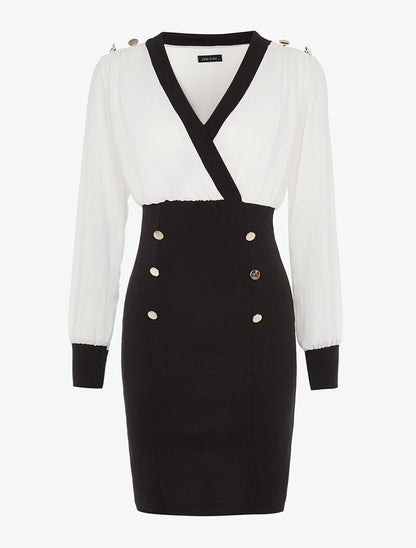 Robe fourreau à boutonnières - blanc et noir - 1