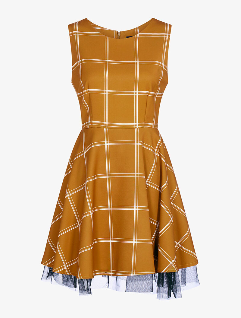 Robe patineuse à carreaux bas en tulle - marron clair - 3