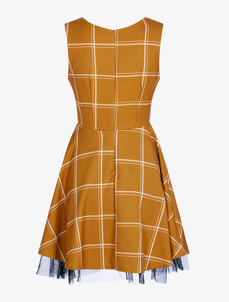 Robe patineuse à carreaux bas en tulle - marron clair - 2