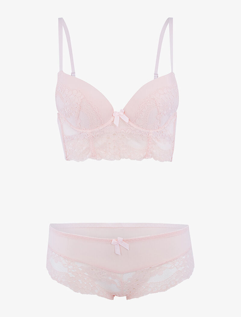 Ensemble bustier en dentelle fleurie - rose orange - 1