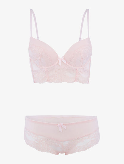 Ensemble bustier en dentelle fleurie - rose orange - 1