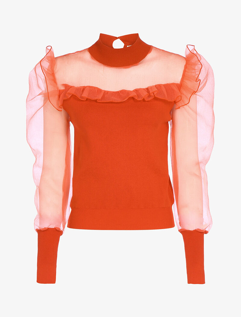 Pull bi matière à manches gigot - orange - 1