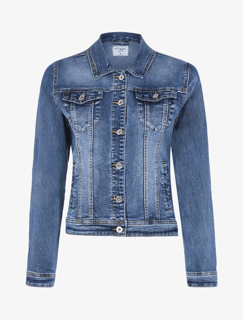 Veste en jean délavée à coutures contrastantes - bleu denim - 1