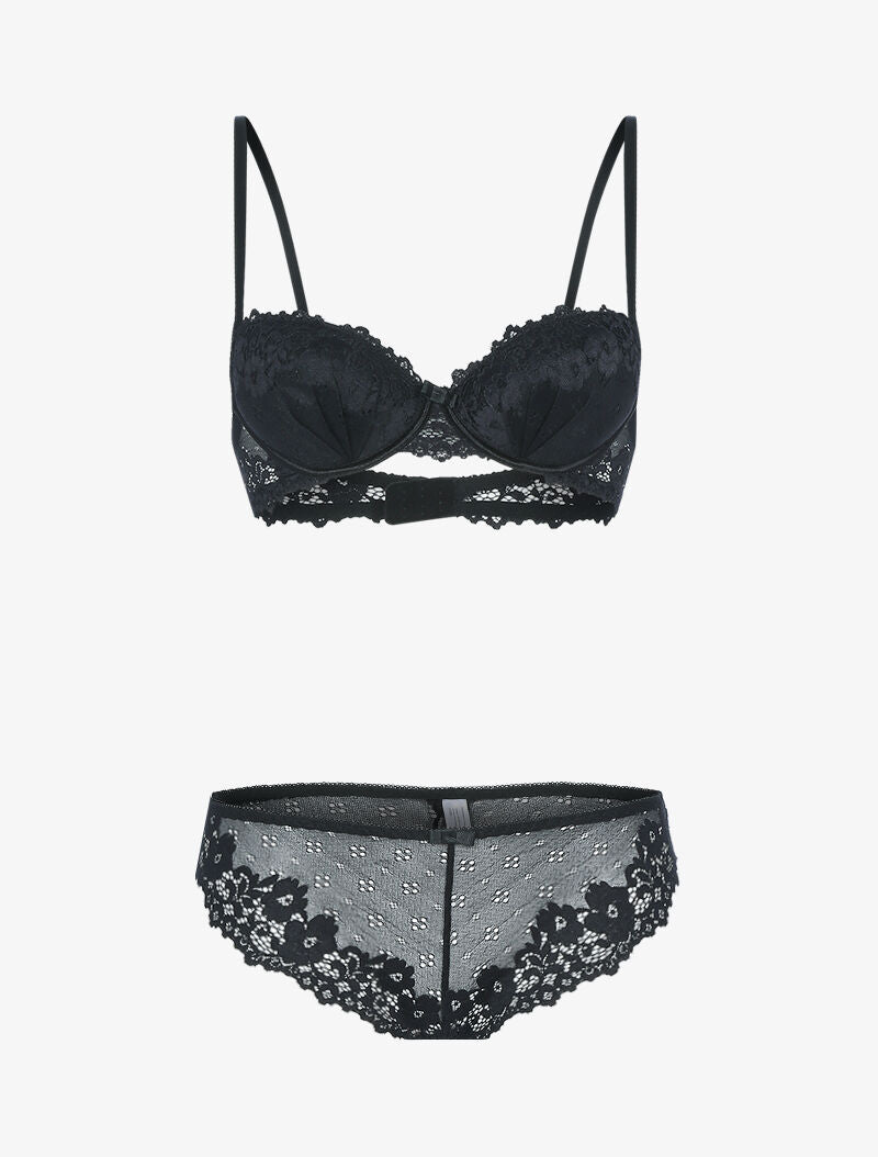 Ensemble en dentelle fleurie ajourée - noir - 1