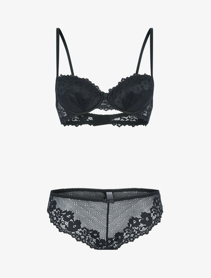Ensemble en dentelle fleurie ajourée - noir - 1