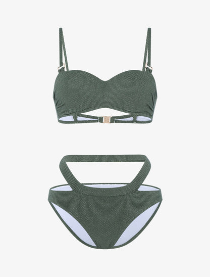 Bikini à balconnet texturé et pailleté - kaki - 1
