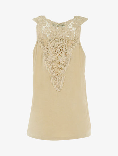 Top à empiècements tulle et crochet - beige - 2