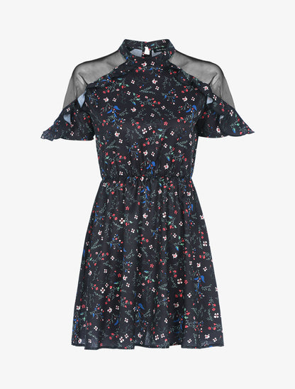 Robe fleurie à épaules ajourées - noir - 1