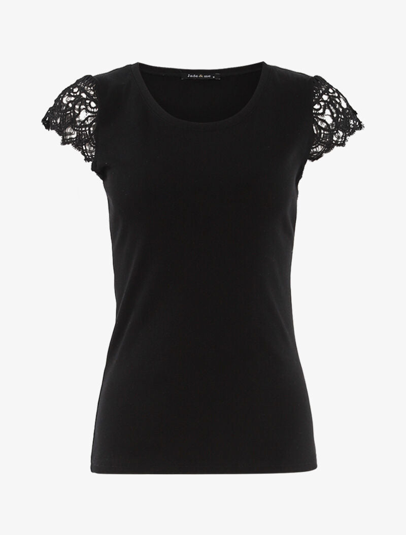 T-shirt à mancherons en crochet - noir - 1