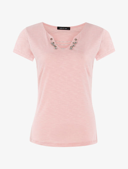 T-shirt chiné à détails chaînettes - rose - 1
