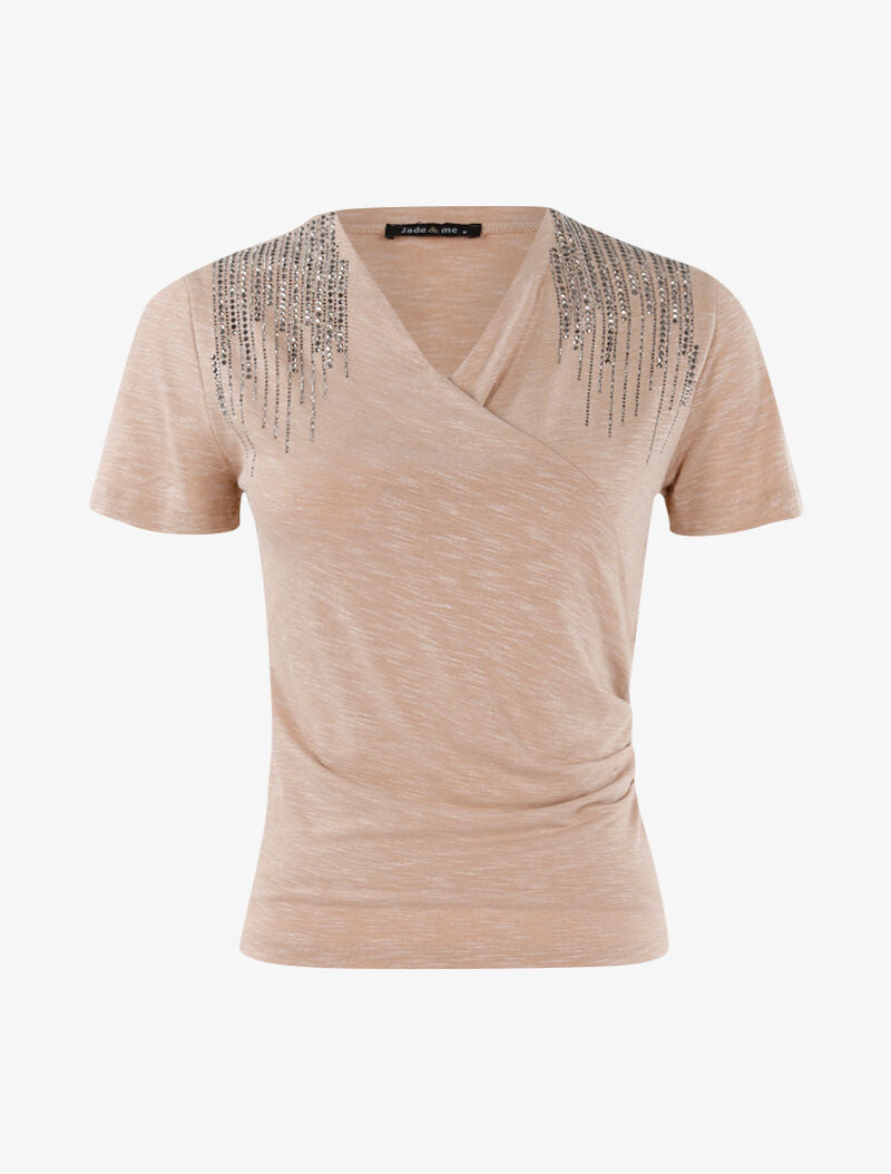 Top chiné à épaules strassées - beige - 1
