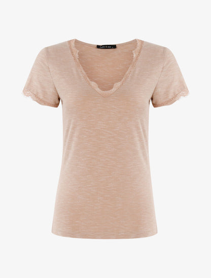T-shirt chiné à bord dentelle - beige - 3
