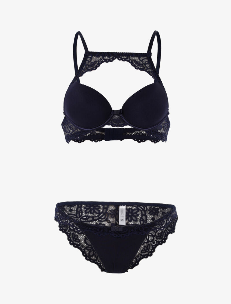 Ensemble à bande dentelle et tanga - marine - 3