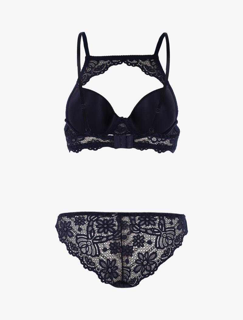 Ensemble à bande dentelle et tanga - marine - 2