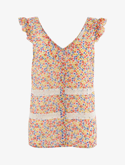 Blouse droite fleurie à bandes dentelle - ecru - 3