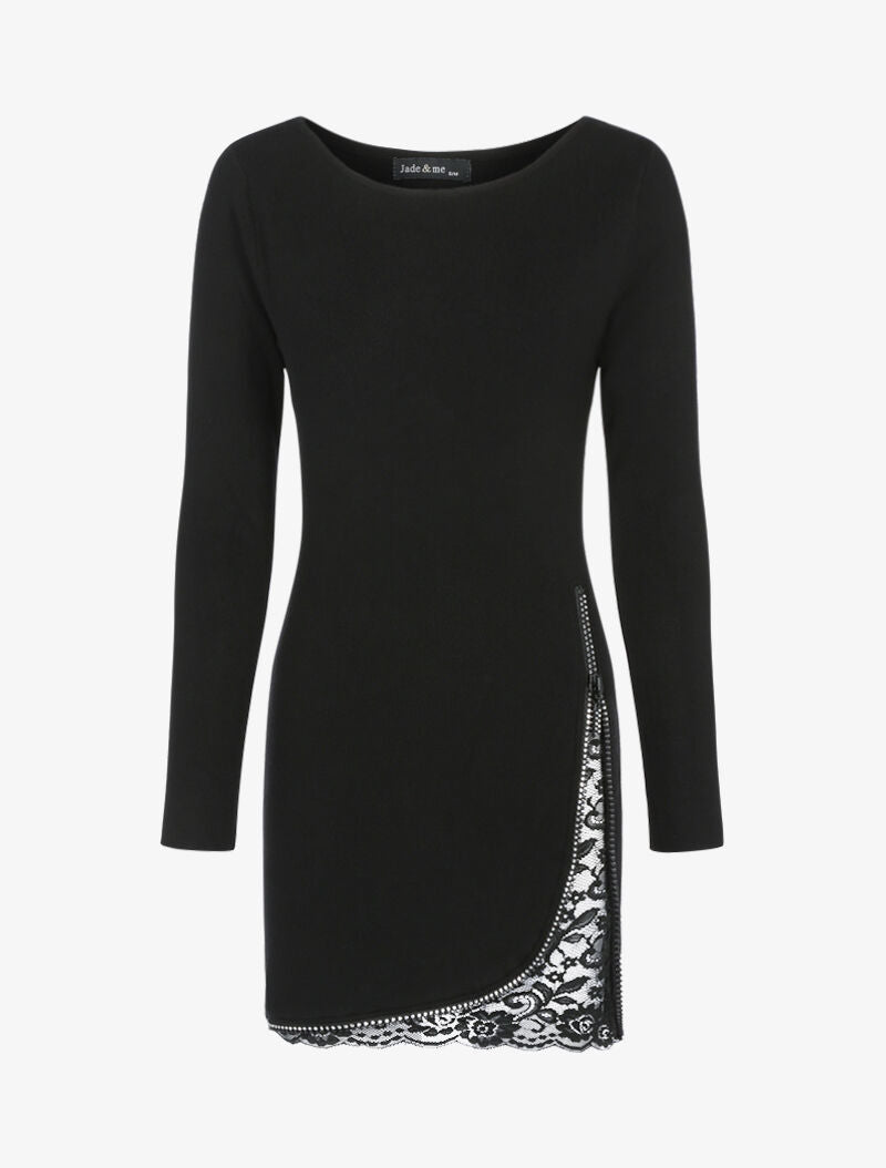 Robe pull à zip strassé et dentelle - noir - 1