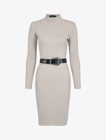 Robe-pull côtelée à col montant - taupe - 4