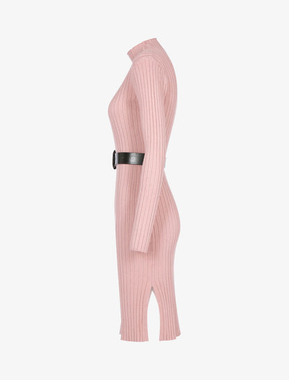 Robe-pull côtelée à col montant - rose - 4