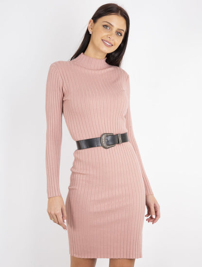 Robe-pull côtelée à col montant - rose - 5