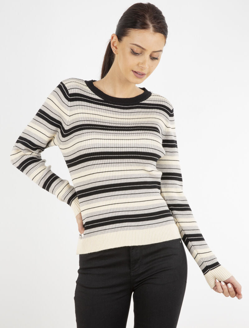Pull côtelé à rayures bicolore - noir/gris/beige - 1