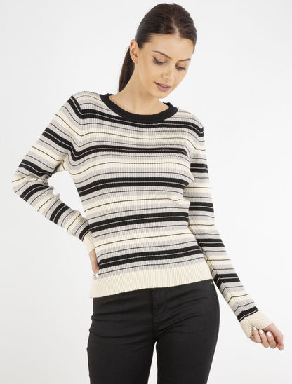 Pull côtelé à rayures bicolore - noir/gris/beige - 1