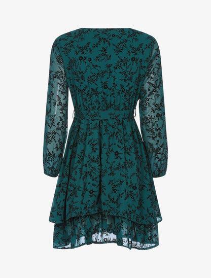 Robe patineuse effet velours fleurie - vert foncé - 2