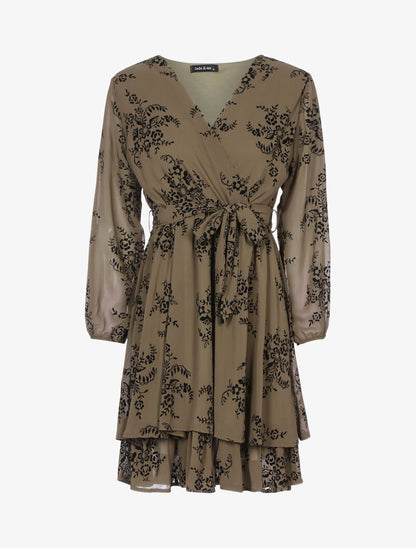 Robe patineuse effet velours et fleurs graphiques - taupe - 1