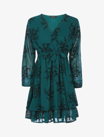 Robe patineuse effet velours et fleurs graphiques - vert foncé - 3