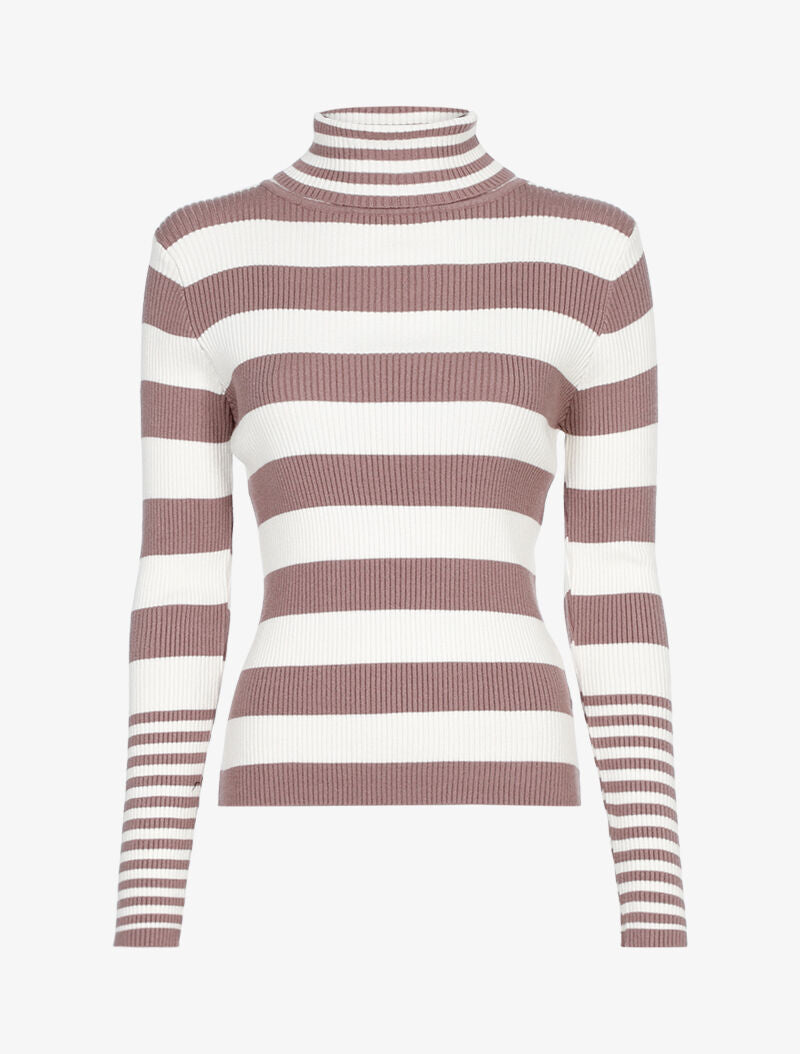 Pull côtelé à rayures et à col roulé - taupe/écru - 3