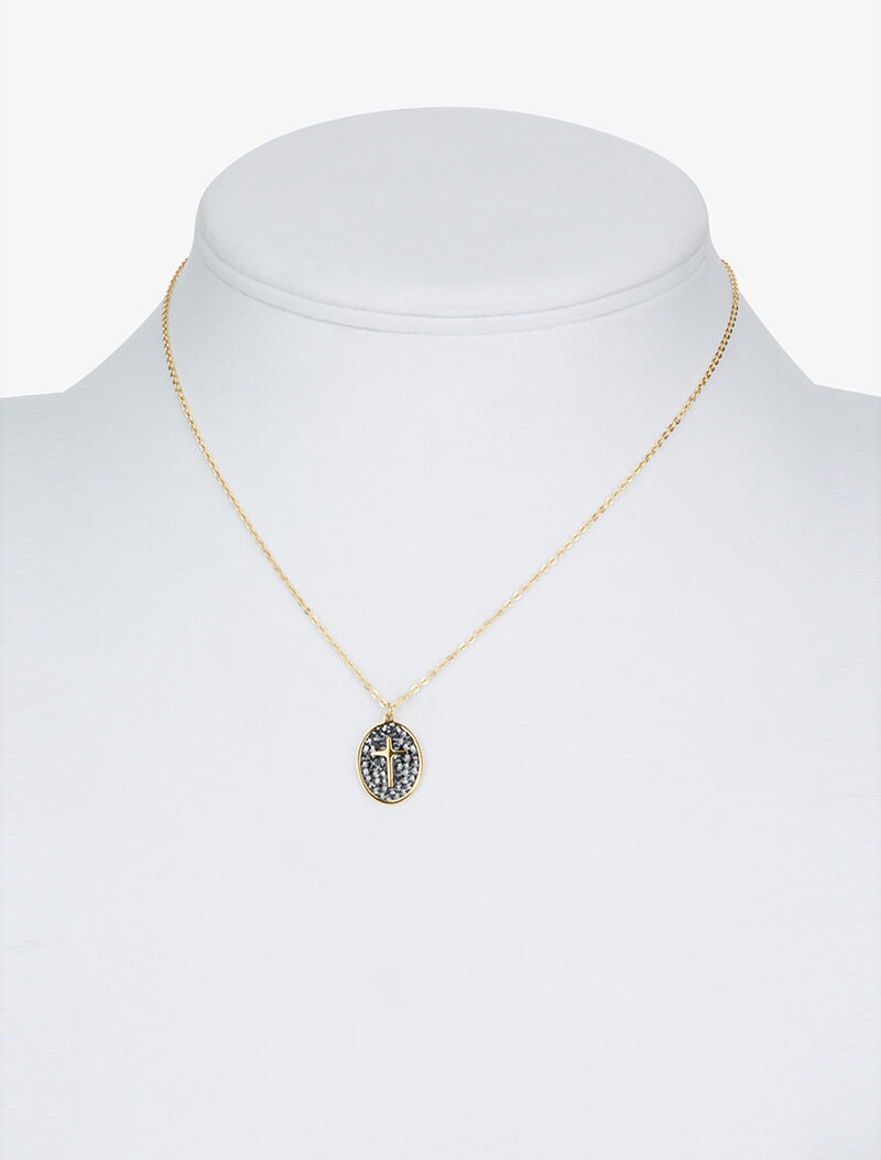 Collier à pendentif ovale strassé et croix - noir/or - 2