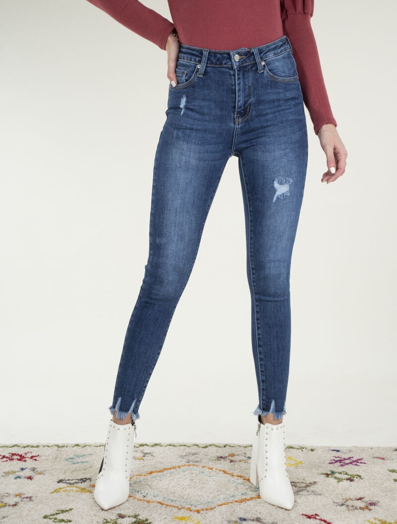 Jean skinny à bords effilochés - bleu denim - 1