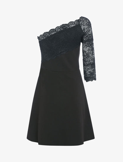 Robe à col asymétrique en dentelle - noir - 2