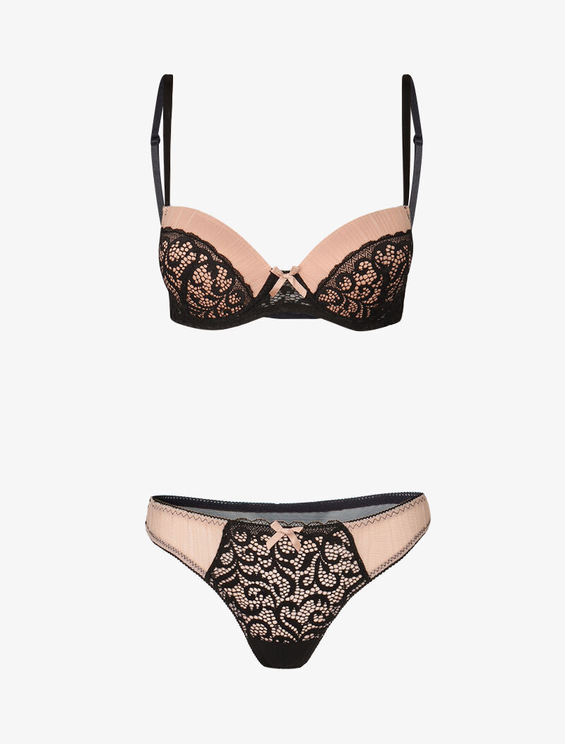 Ensemble push up en dentelle et tulle - noir/vieux rose - 1