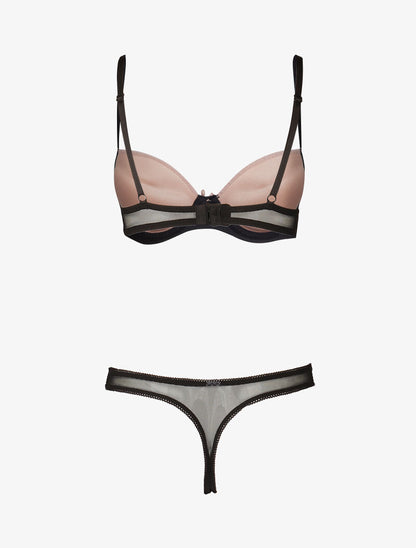 Ensemble push up en dentelle et tulle - noir/vieux rose - 2