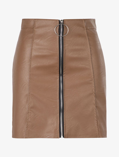 Jupe droite zippée en simili - camel - 3