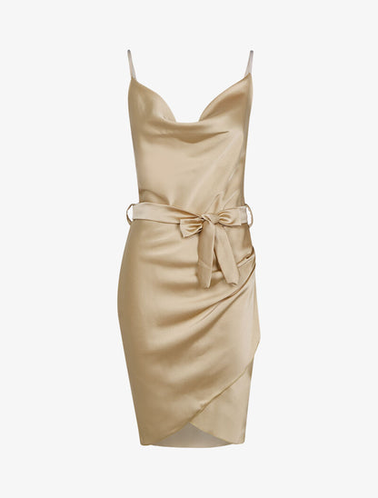 Robe satinée à col bénitier - beige foncé - 1