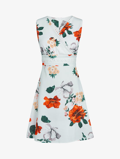 Robe fleurie à taille marquée à bande brodée - blanc - 1