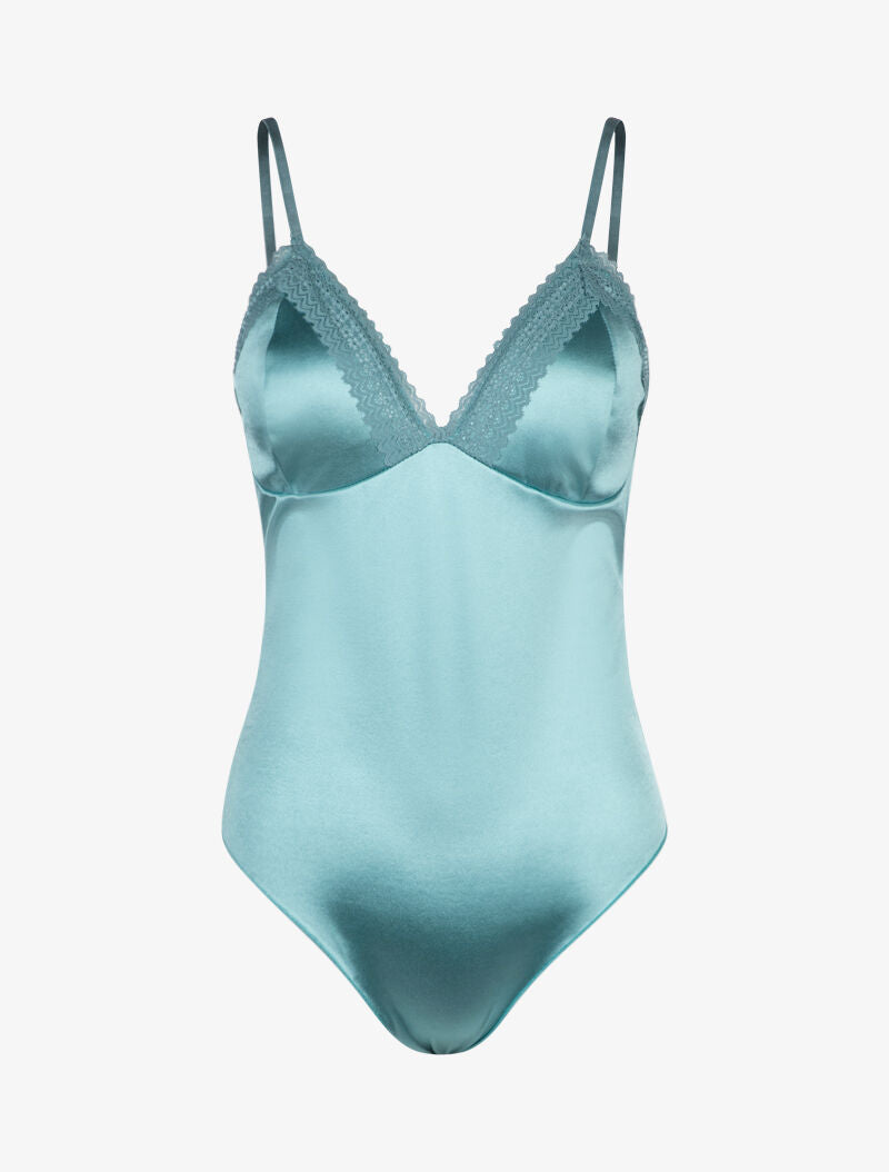 Body satiné à décolleté dentelle - turquoise - 3