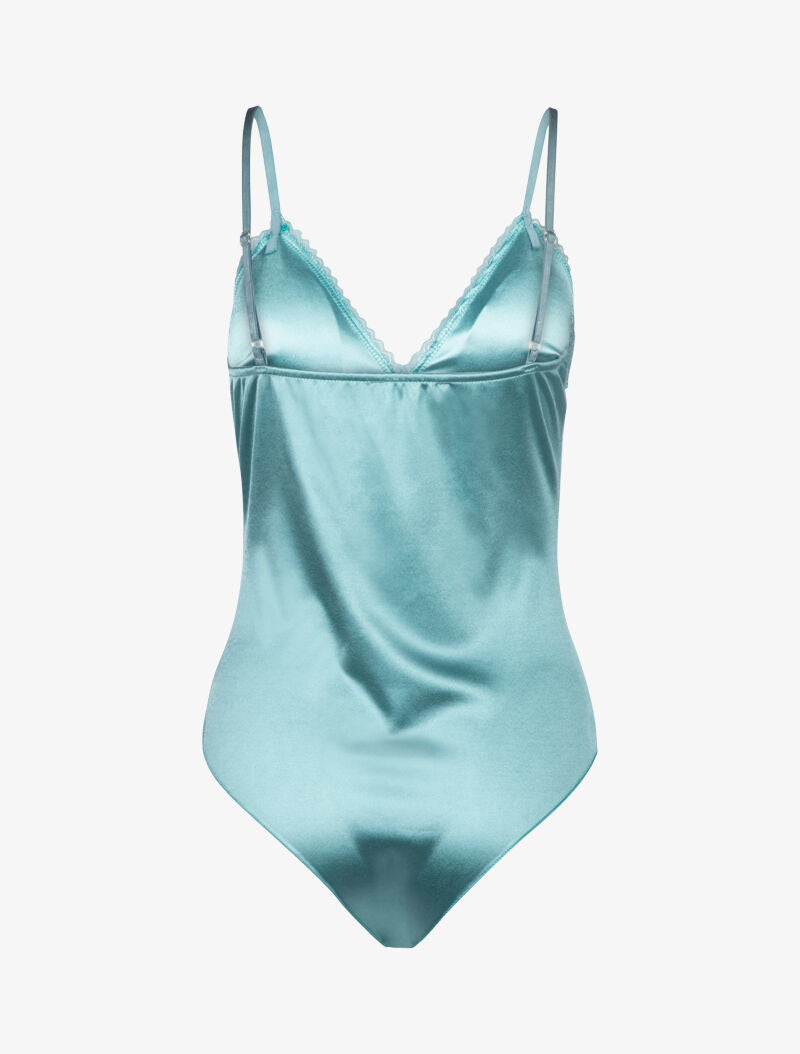 Body satiné à décolleté dentelle - turquoise - 2