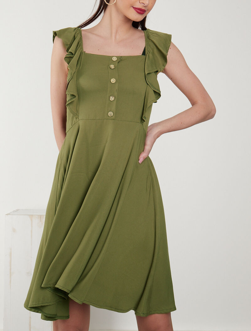 Robe fluide à épaules volantées - kaki - 1
