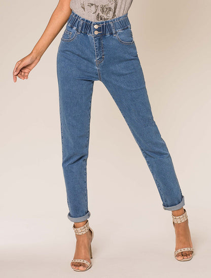 Jean à taille haute élastiquée - bleu denim - 1
