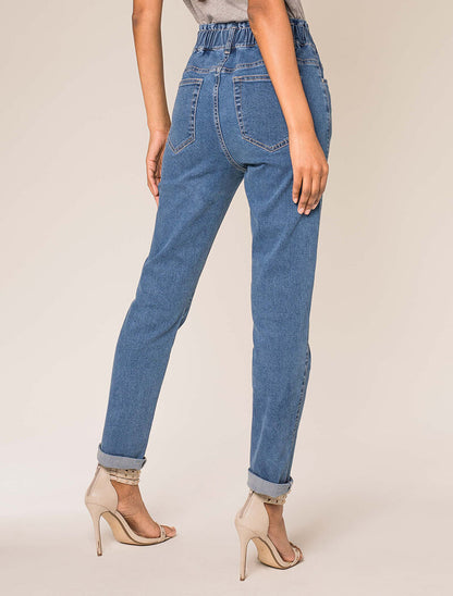 Jean à taille haute élastiquée - bleu denim - 2