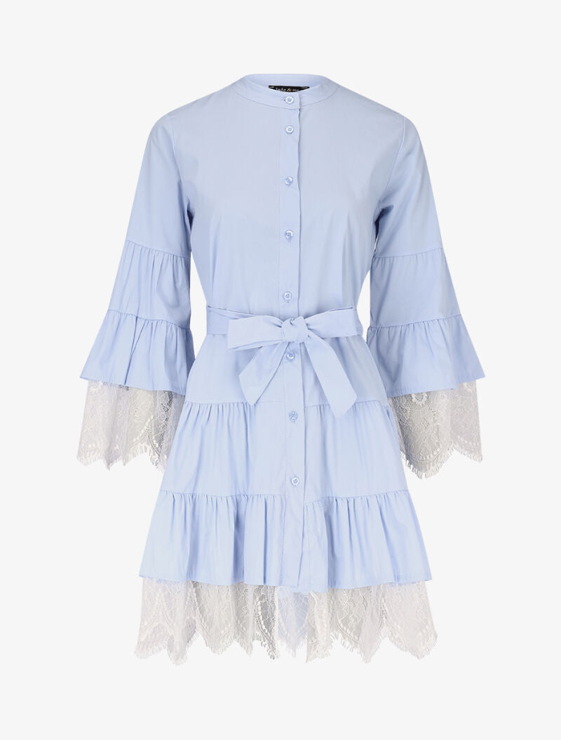 Robe trapèze à volants et dentelle - bleu ciel - 3