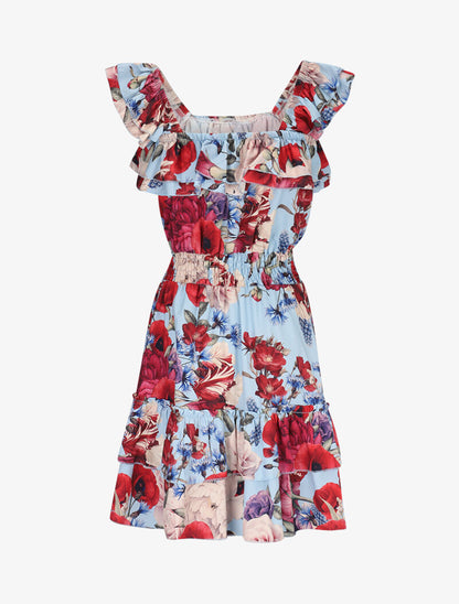 Robe fleurie à bretelles volantées - bleu ciel - 3