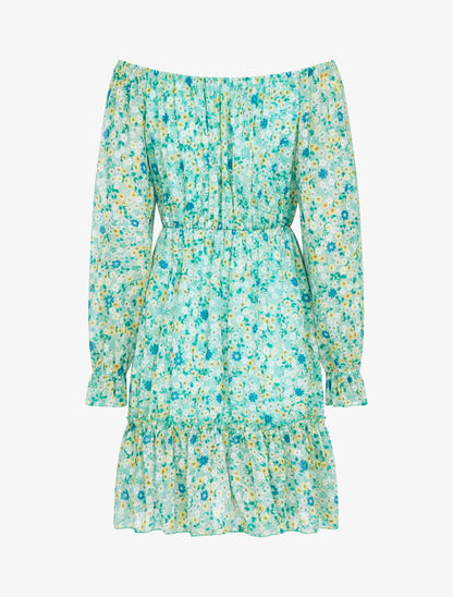Robe fleurie à col bardot - vert d&